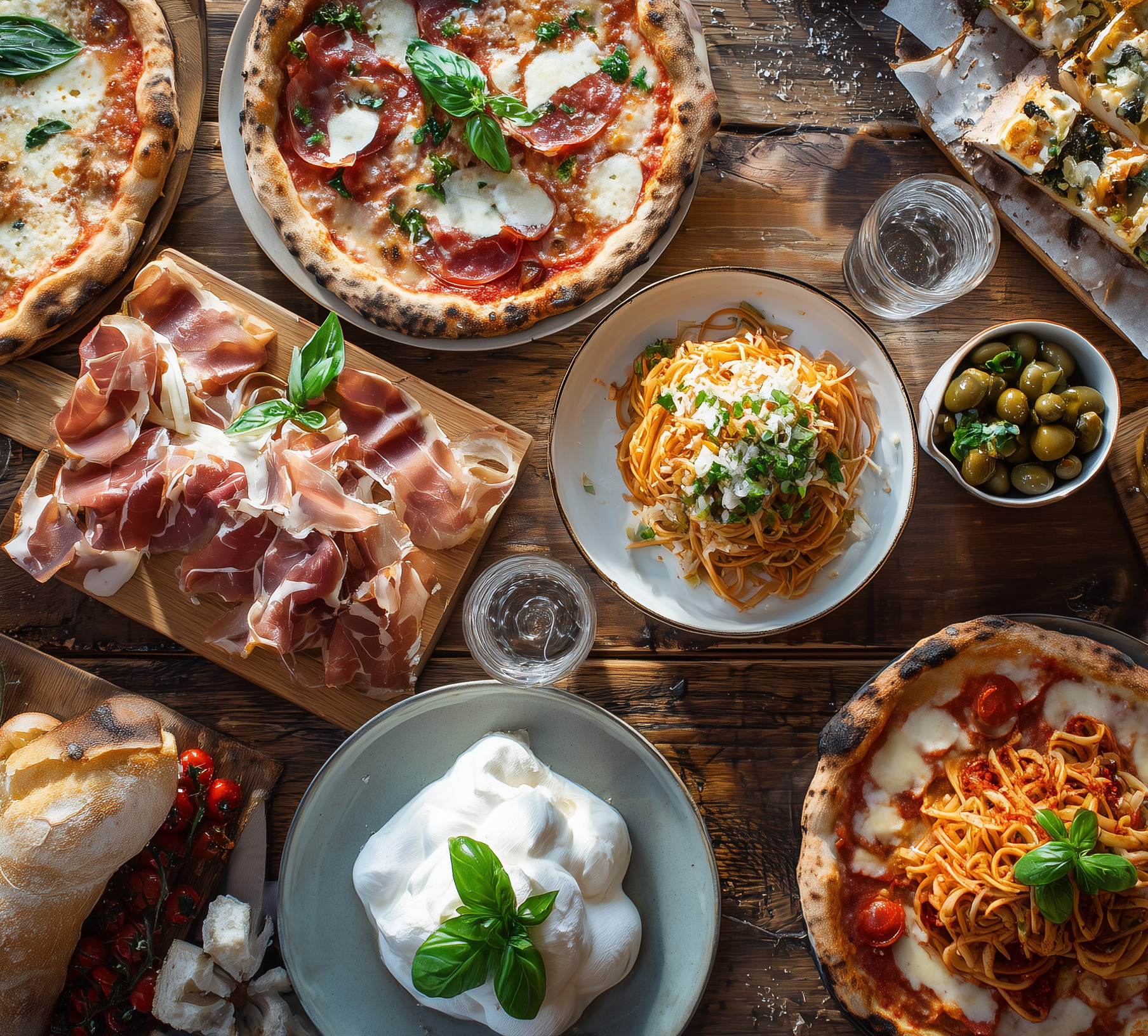 Tradycyjne włoskie dania: makaron, pizza, oliwki i świeże zio